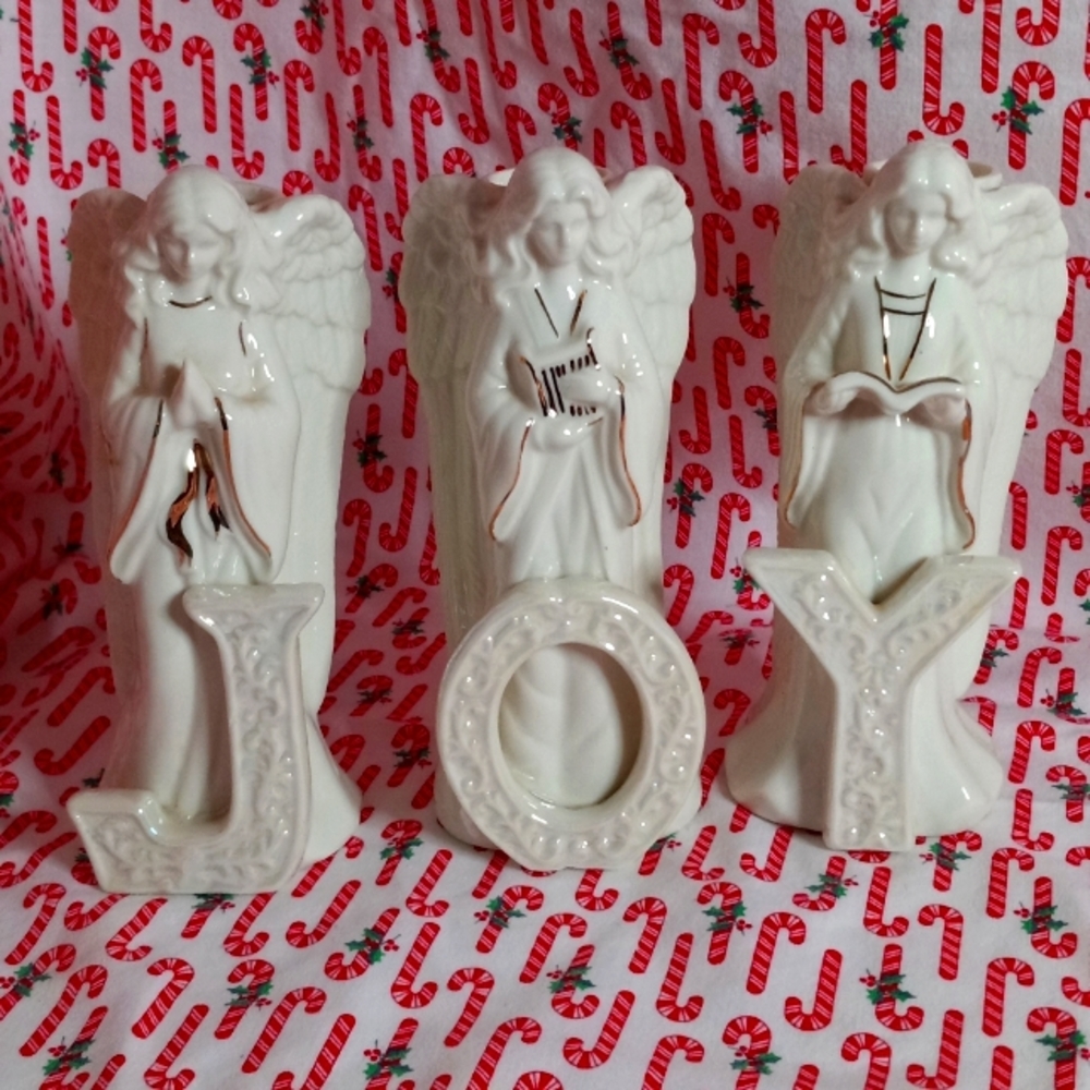 Giftco Set of 3 Ceramic Gold Gilded JOY Christmas Angels Taper Candle Holders